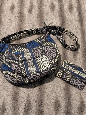Quilted Patterned Shoulder Bag and Card Wallet - Black, Blue, Cream
